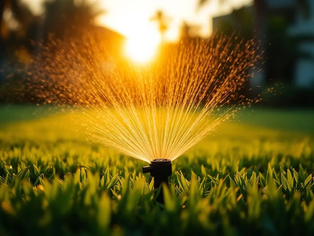 Sprinkler head spraying water across a lawn at sunset